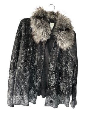 Chico's Black Textured Coat with Gray Faux-Fur Collar